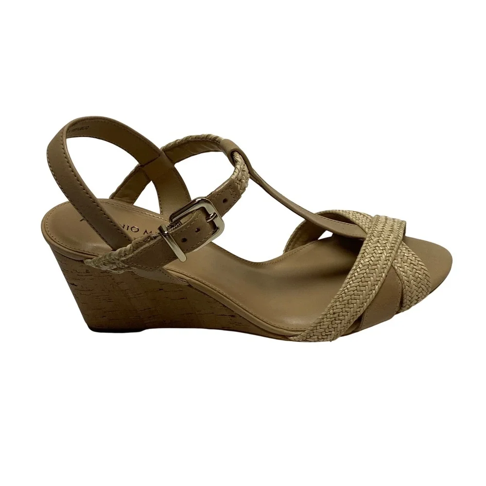 Antonio‎ Melani Tan Leather Braided T-Strap Cork Wedge Sandals Size 9M NIB